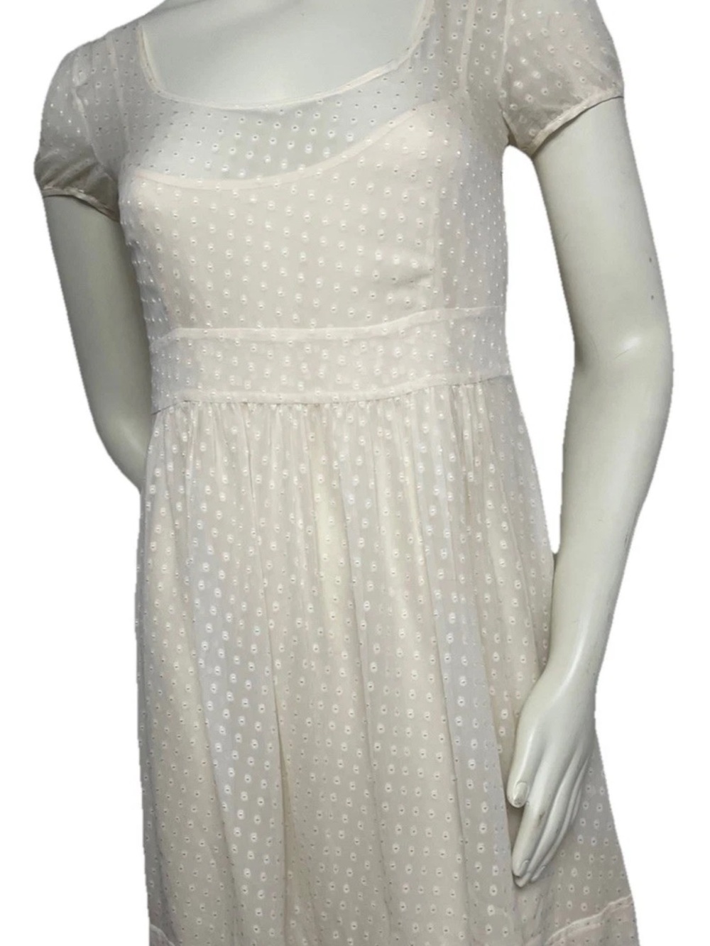Neiman Marcus Cream Dot-Overlay Short Sleeve Empire Dress